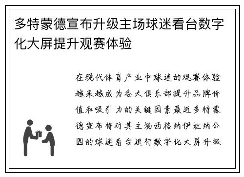 多特蒙德宣布升级主场球迷看台数字化大屏提升观赛体验