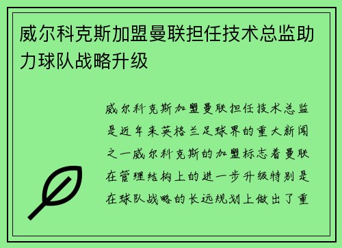 威尔科克斯加盟曼联担任技术总监助力球队战略升级