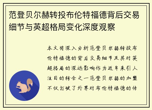 范登贝尔赫转投布伦特福德背后交易细节与英超格局变化深度观察